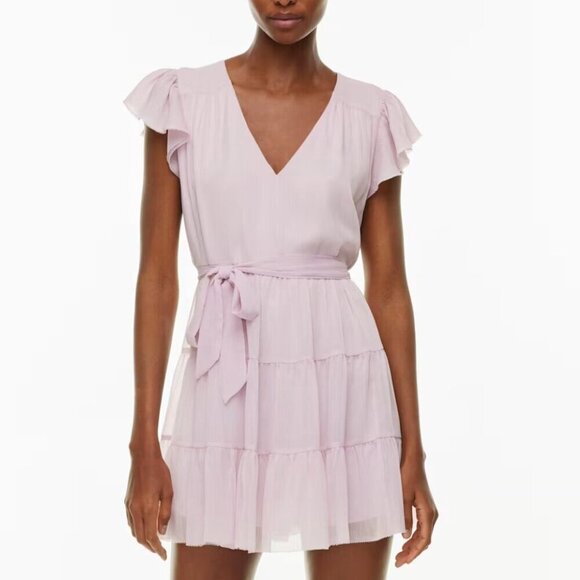 Aritzia Little Moon Sol Dress Semi Sheer Tiered Belted Mini Lilac Size Large - Picture 2 of 10